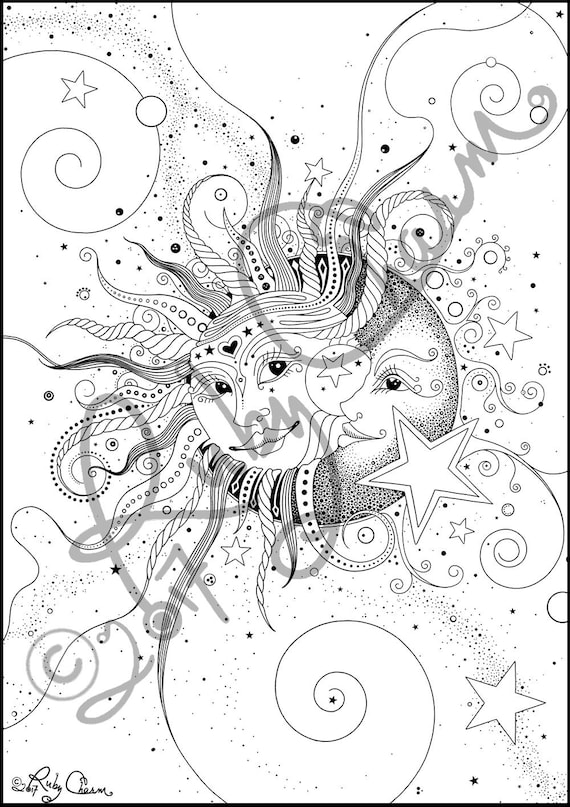 Coloring page sun and moon diy download print ruby charm artful illustrations for coloring enthusiasts nature sky universe instant download