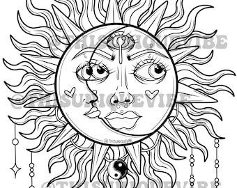 Sun and moon goddess coloring page printable adult coloring page coloring book trippy coloring page trippy art hippie coloring page instant download