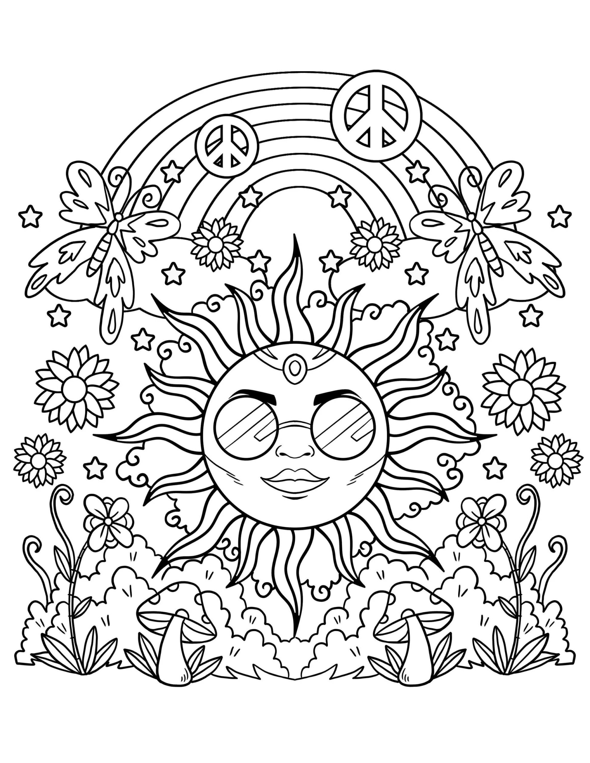 Cool sun with rainbow trippy coloring page