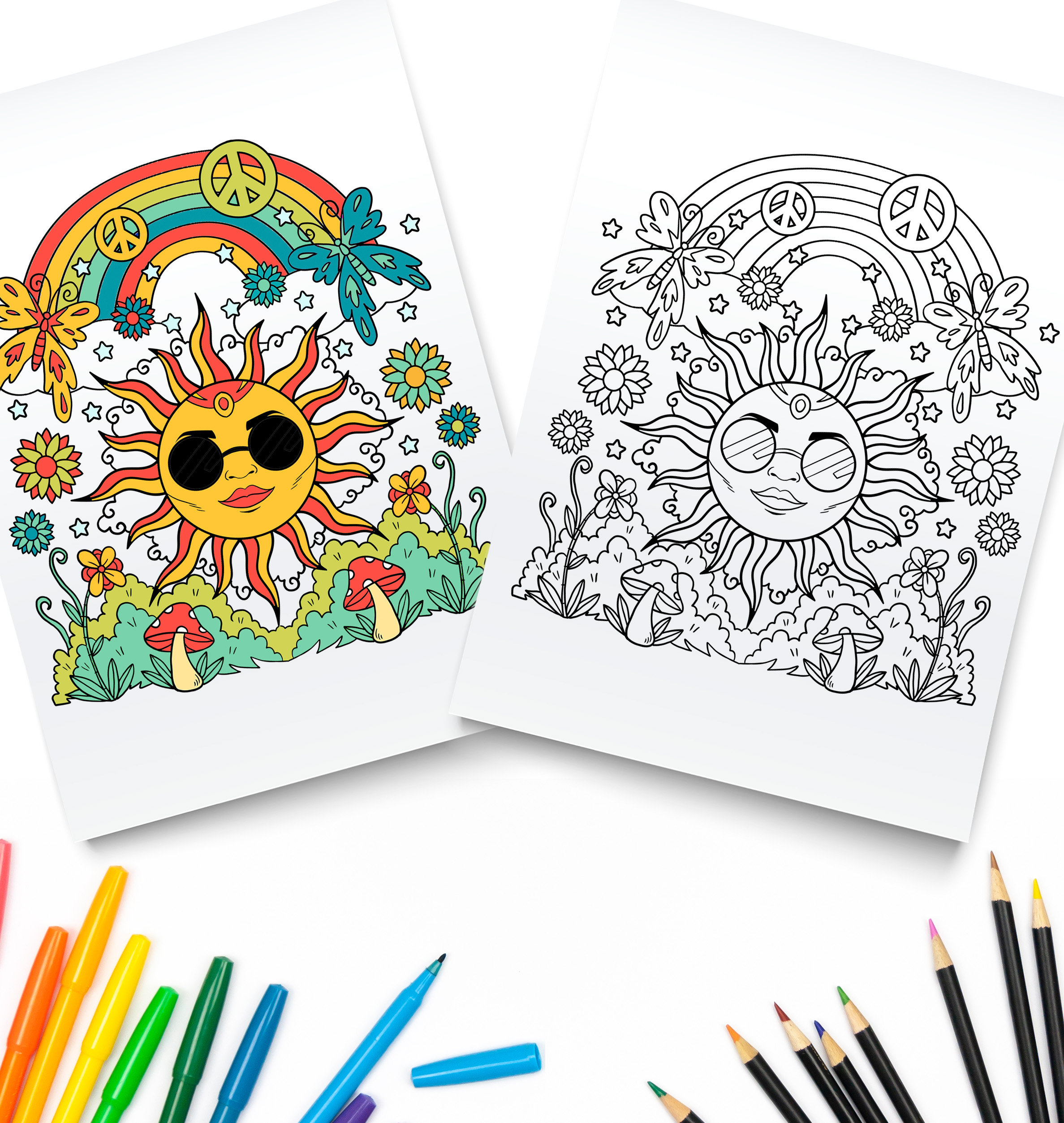 Hippie printable coloring pages sun rainbow digital download trippy coloring book