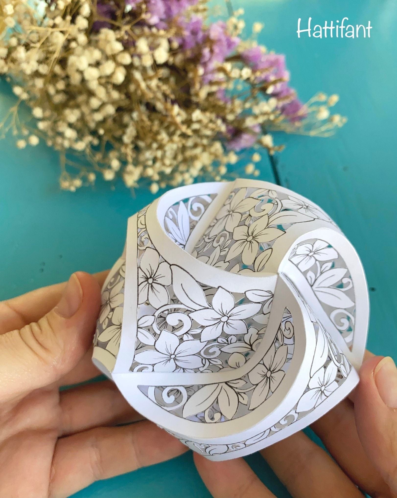 Triskele paper globe papercut by hand floral pattern personal license