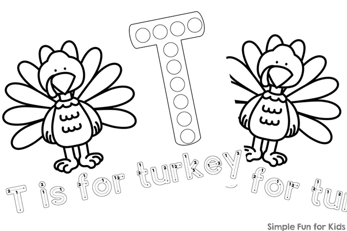 T is for turkey dot marker coloring pages printables