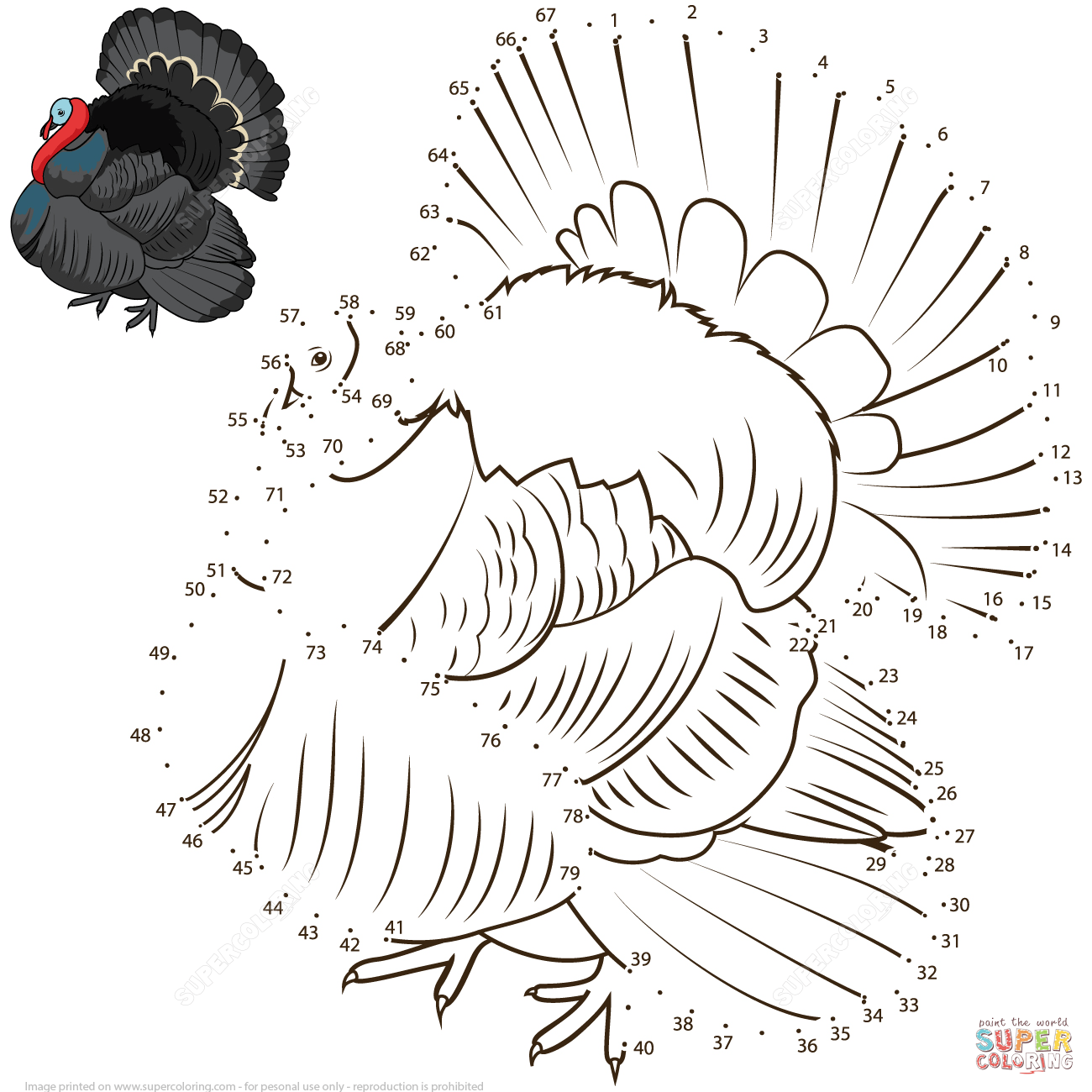 Turkey dot to dot free printable coloring pages