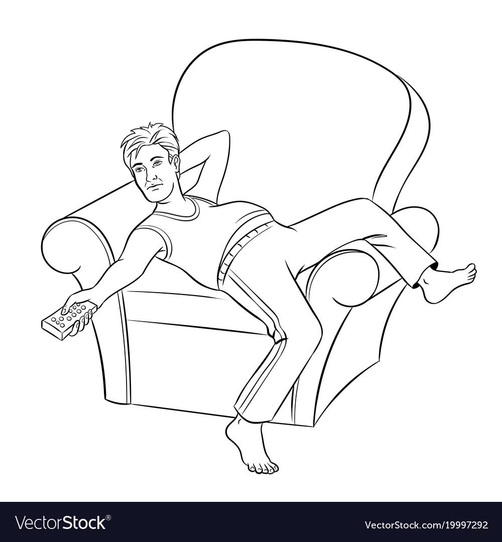 Lazy guy watching tv coloring book royalty free vector image