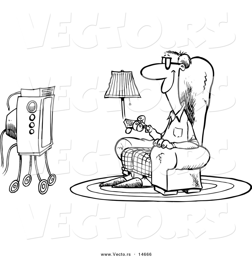 R of a cartoon happy man sitting in a chair and watching tv