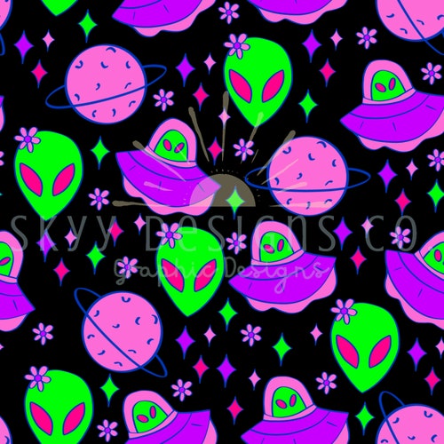 Girly alien ufo digital seamless pattern for fabrics and