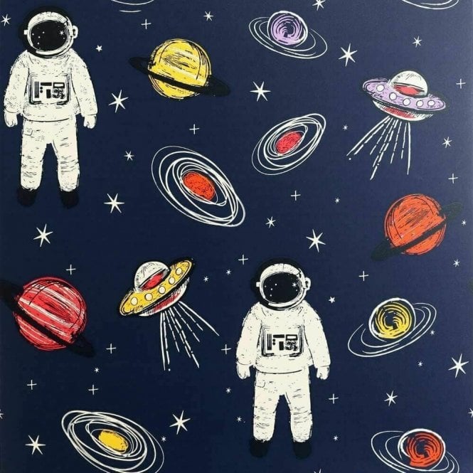 Sample arthouse spaceman astronaut space planets ufo wallpaper kids bedroom navy bl