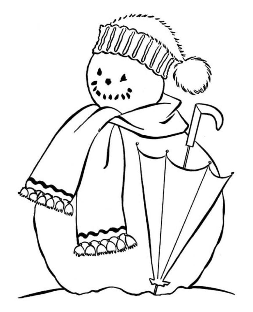 Snowman with umbrella coloring page