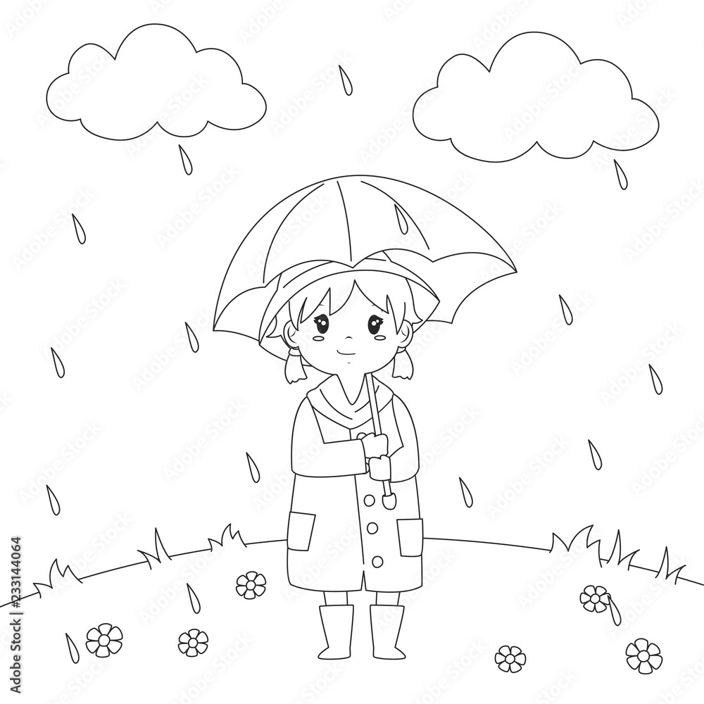 Little girl holding an umbrella under the rain cartoon vector illustration coloring page for kids template vector