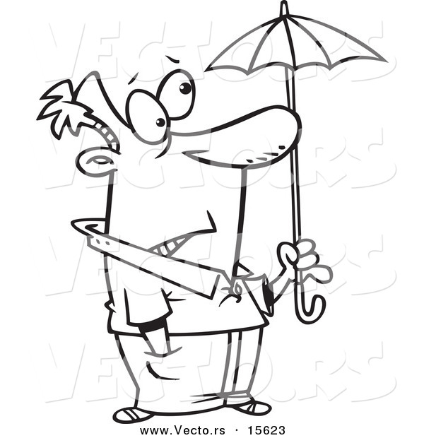 R of a cartoon ill prepared man holding a tiny umbrella