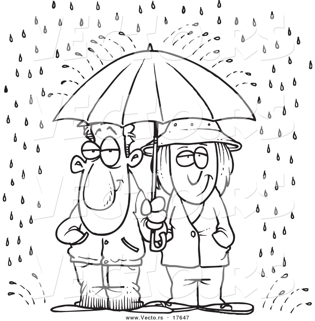 R of a cartoon couple sharing an umbrella in the rain