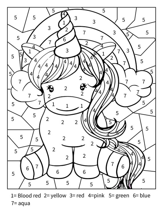 Printable unicorn color by numbers page for toddlers kids and adults