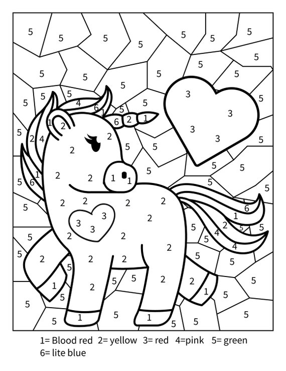 Printable unicorn color by numbers activity page for toddlers kids and adults