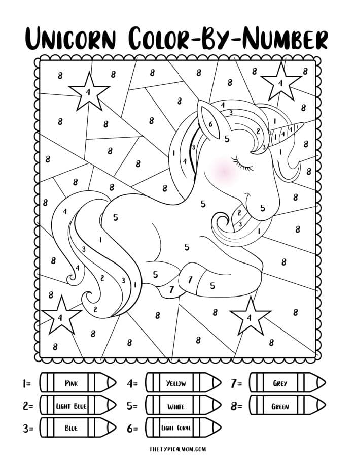 Unicorn color by number printables