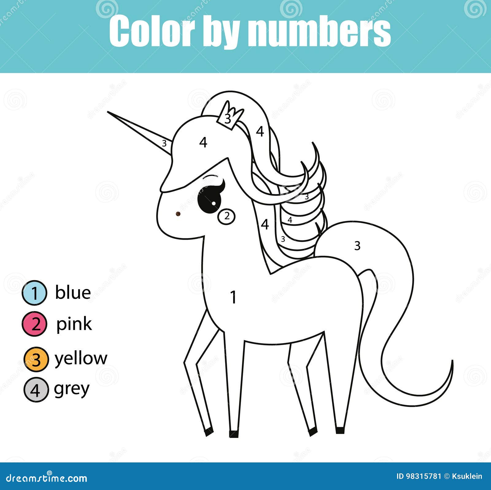 Coloring page with unicorn character color by numbers educational children game drawing kids activity stock vector