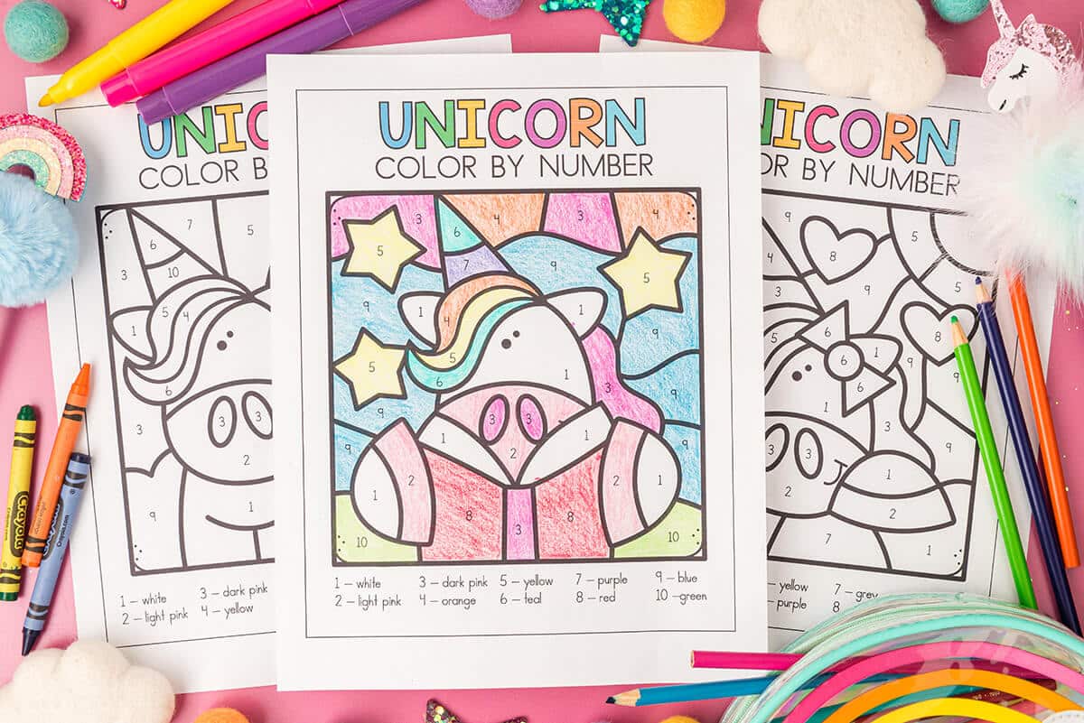 Unicorn color by number free printables