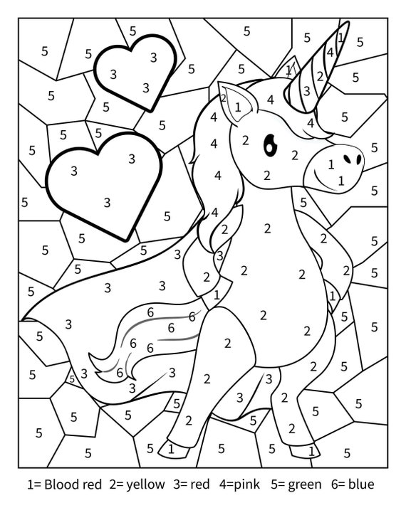 Printable unicorn color by number activity page for toddlers kids and adults