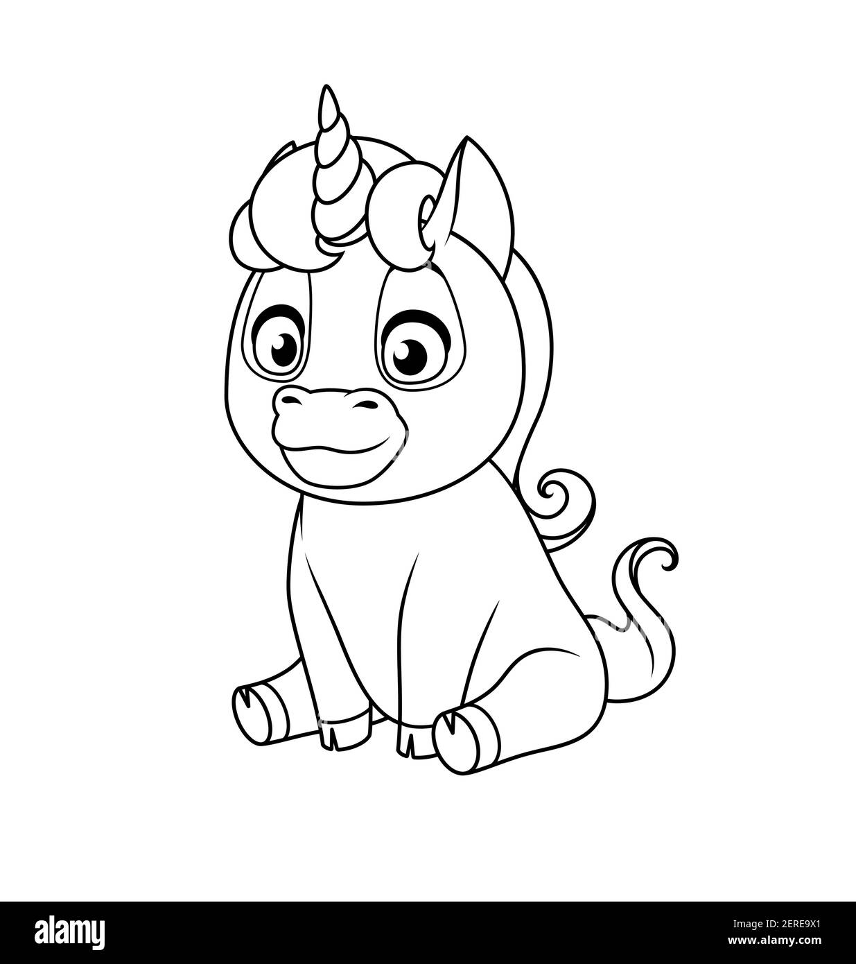 Cute baby unicorn sitting vector coloring page stock vector image art