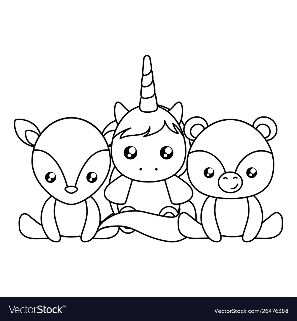 Cute little unicorn with bear and reindeer baby vector image