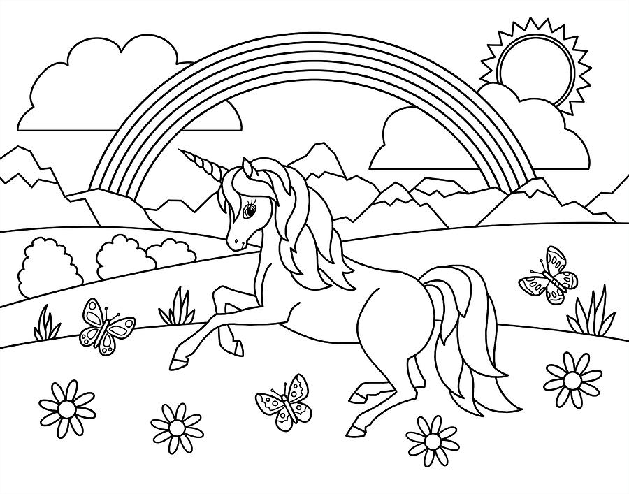 Kids rainbow unicorn coloring page painting by crista forest