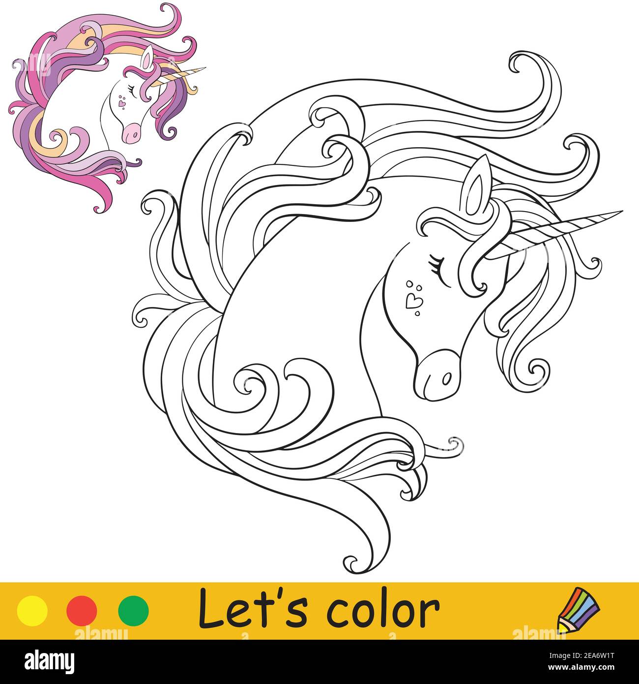 Cute dreaming portrait of unicorn coloring book page with colorful template vector cartoon illustration isolated on white background for coloring b stock vector image art