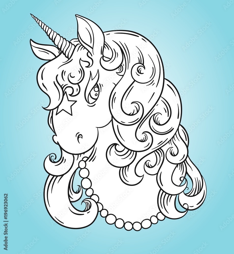 Unicorn head portrait coloring page poster cute magic cartoon fantasy animal concept isolated outline vector illustration vector