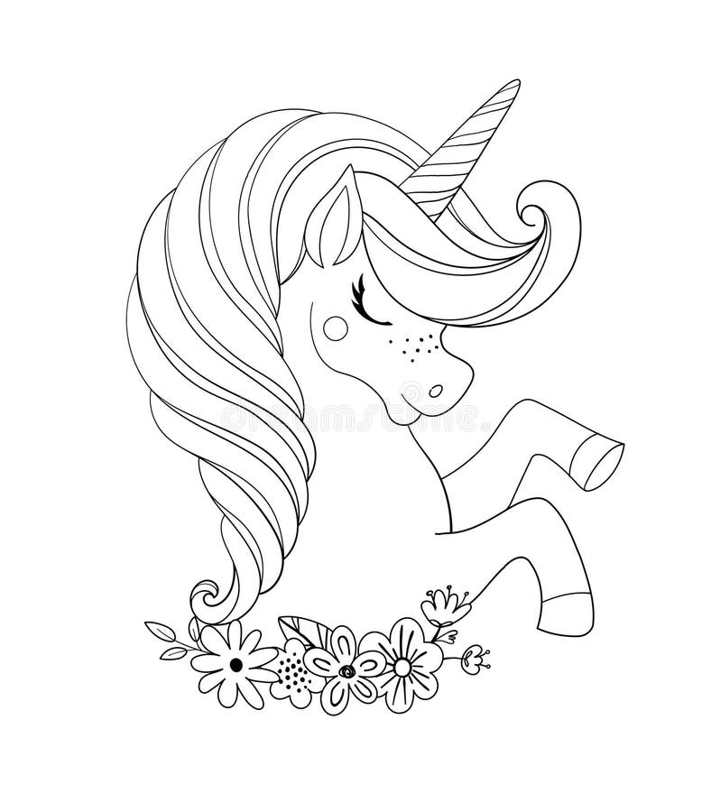 Unicorn head with flowers beautiful portrait of a magic horse drawing coloring book for a girl linear sketch for design stock illustration