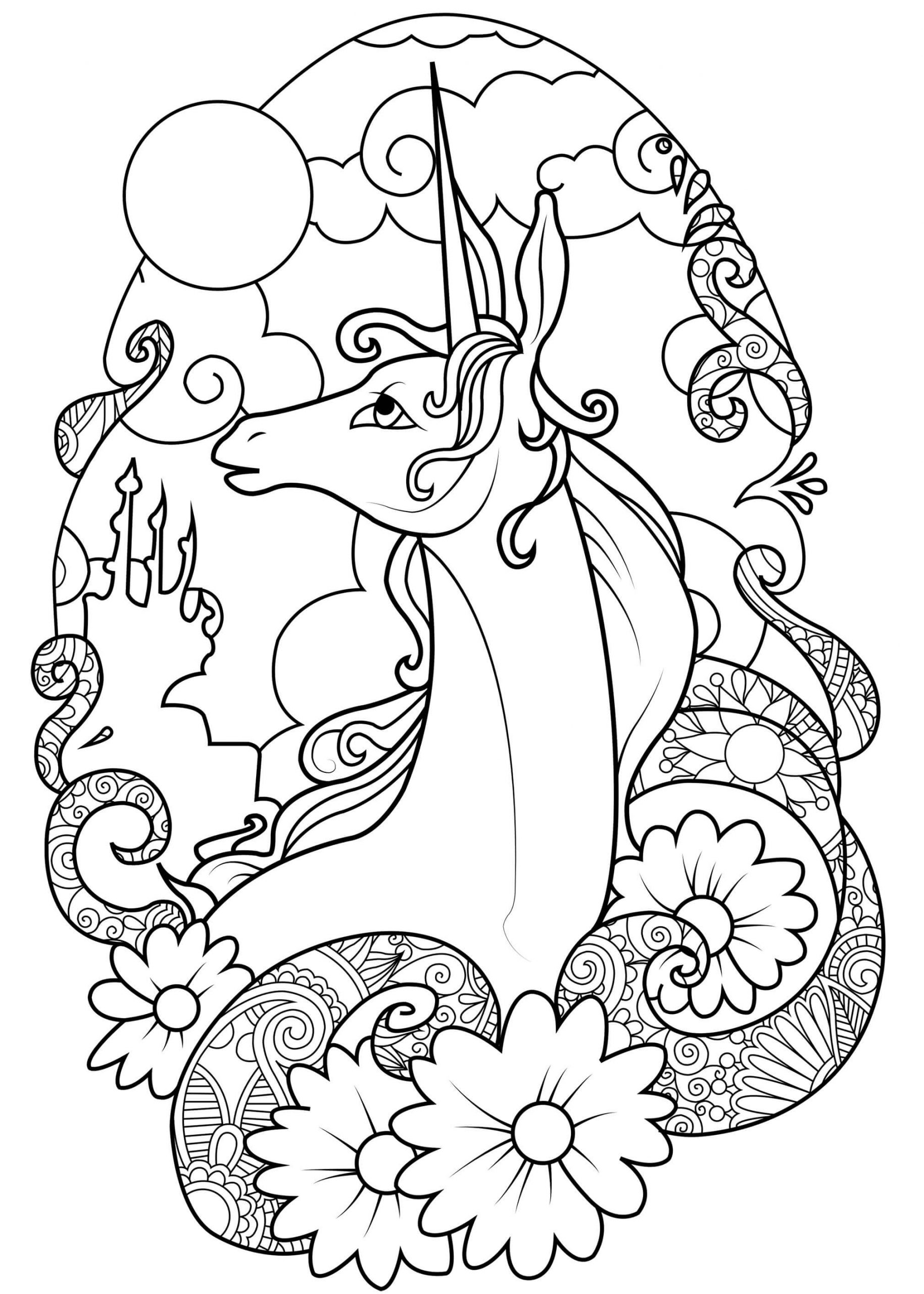 Unicorn face with flowers coloring page