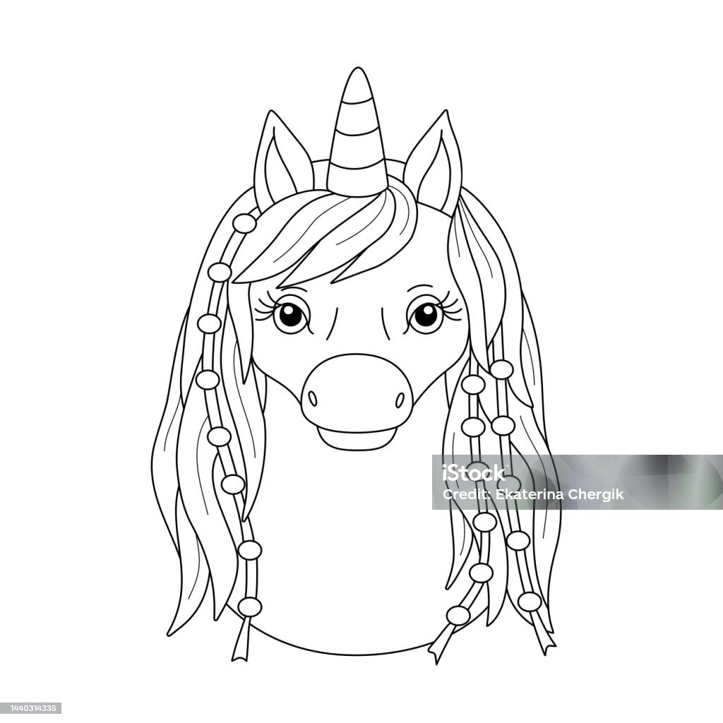 Cute coloring book with portrait of unicorn for kids vector illustration black outline on white stock illustration