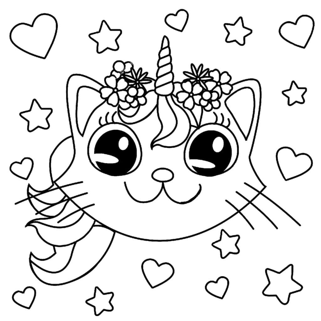 Cute unicorn cat face coloring page