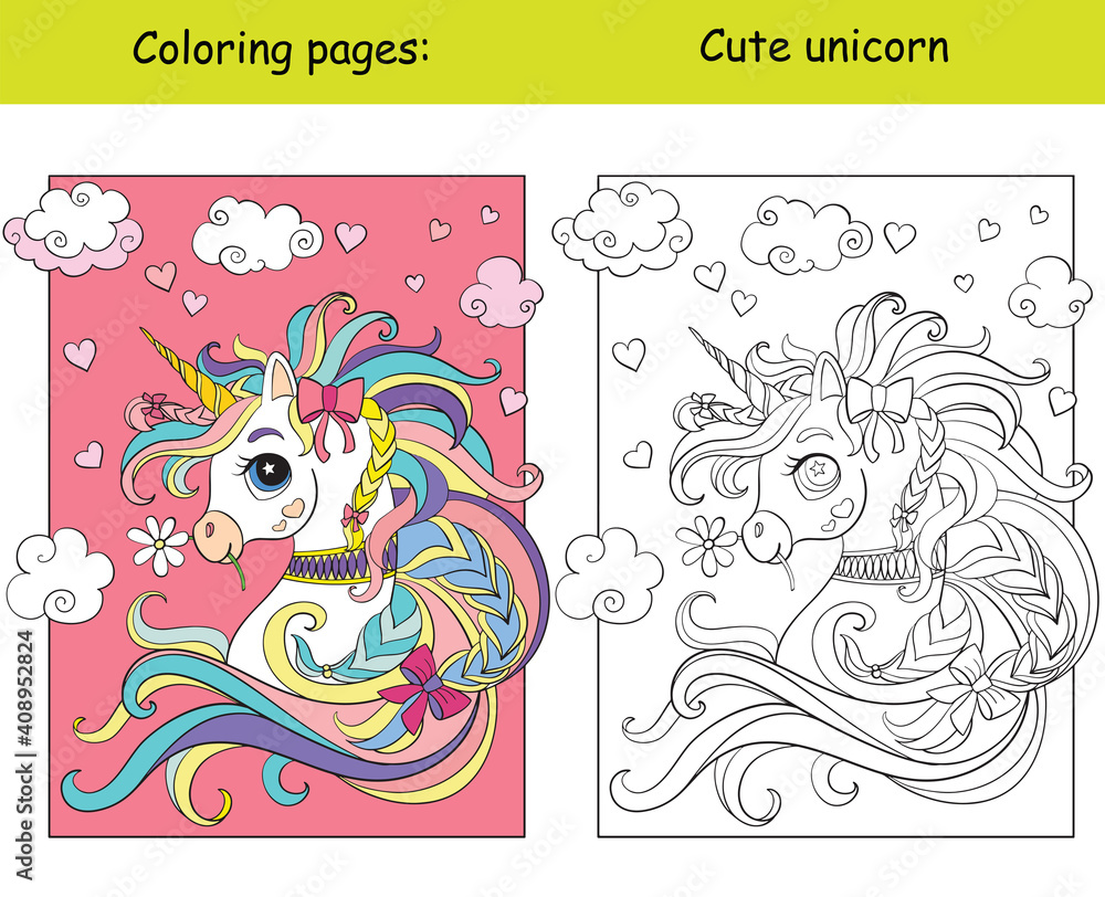 Cute unicorn portrait with hearts coloring book vector