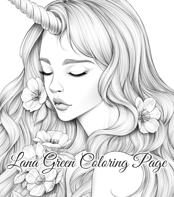 Unicorn coloring page for adults grayscale coloring page instant download lana green art jpeg pdf