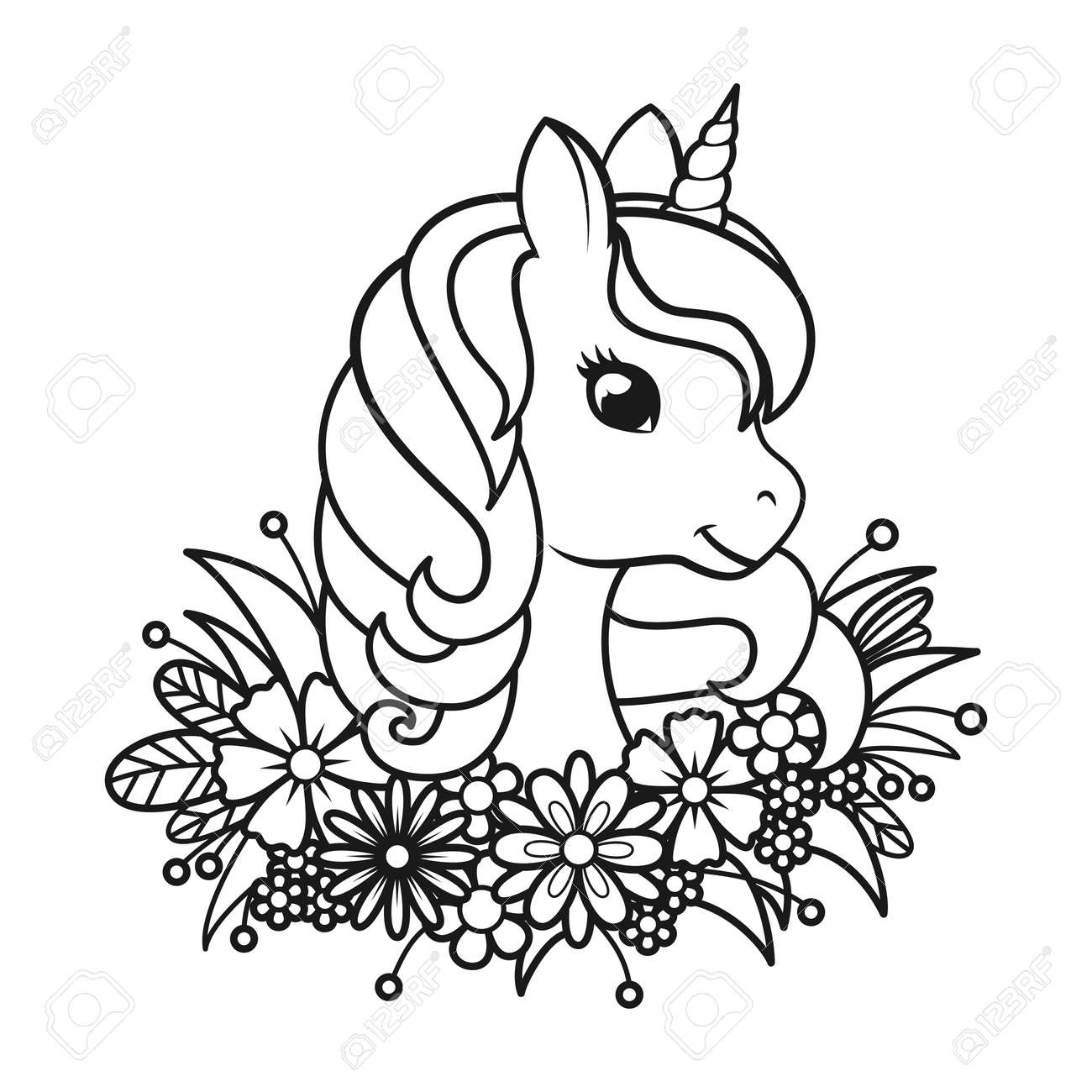 Portrait of a cute unicorn in flowers page for coloring book vector linear illustration isolated on white background royalty free svg cliparts vectors and stock illustration image