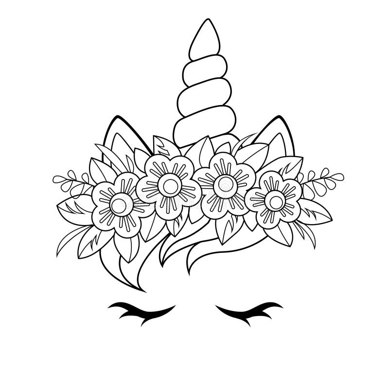 Cute unicorn face with flowers wreath black and white vector illustration for coloring book stock vector