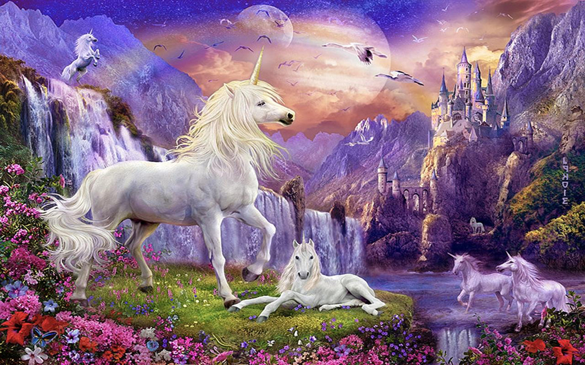 Fantasy wallpaper hd unicorns horse castles waterfalls mountains flowers birds