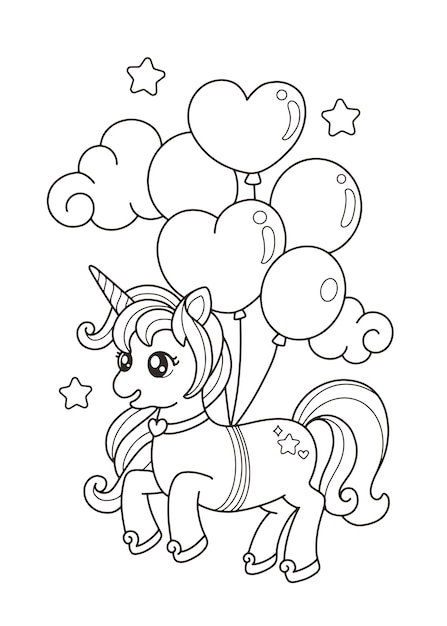 Premium vector unicorn fly with balloons printable coloring page