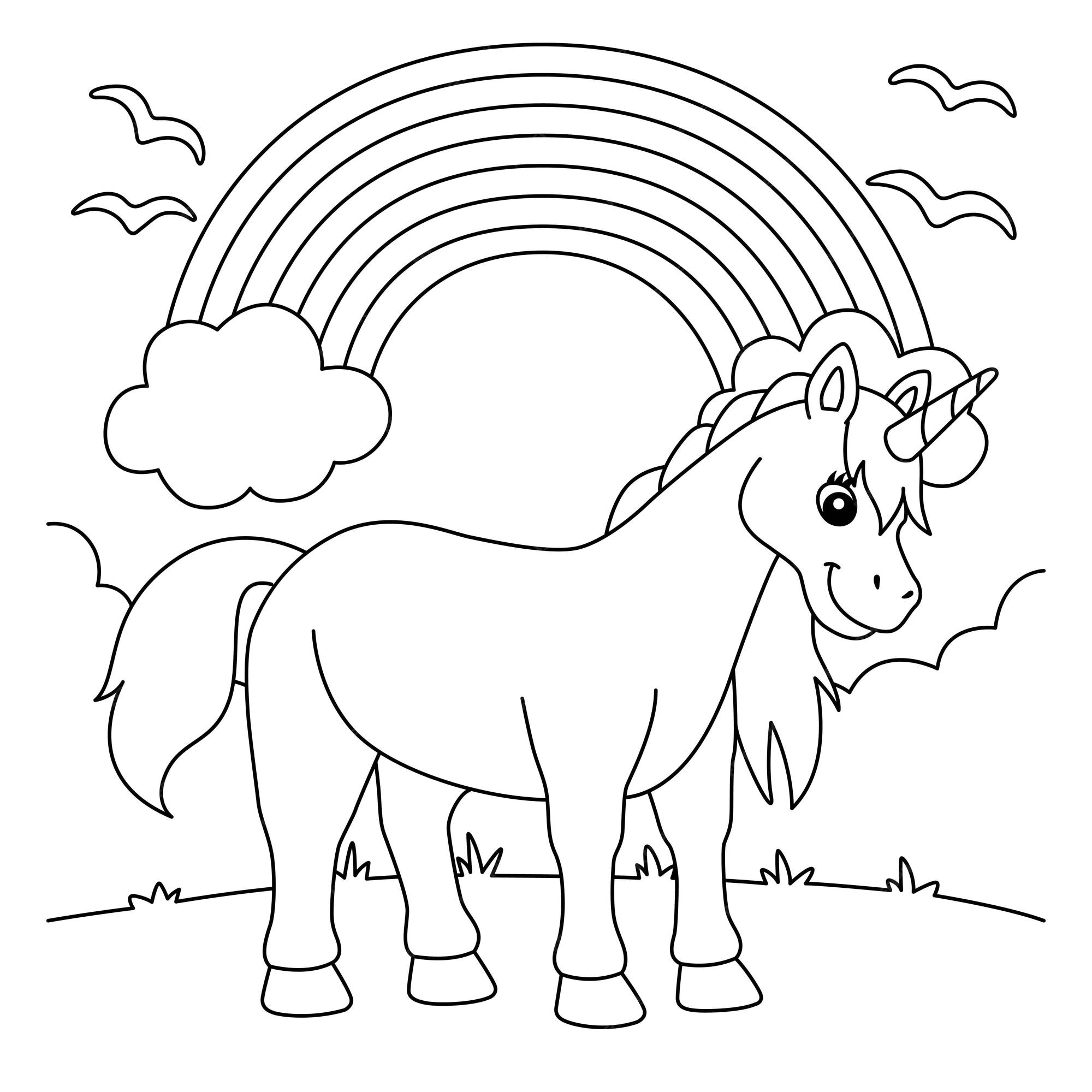 Premium vector unicorn standing under the rainbow coloring page