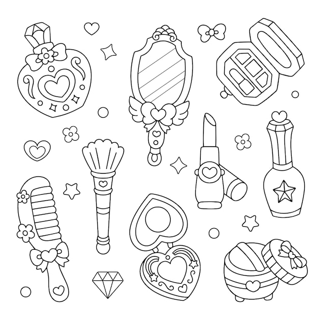 Premium vector beauty make up and cosmetics doodle icon coloring page illustration