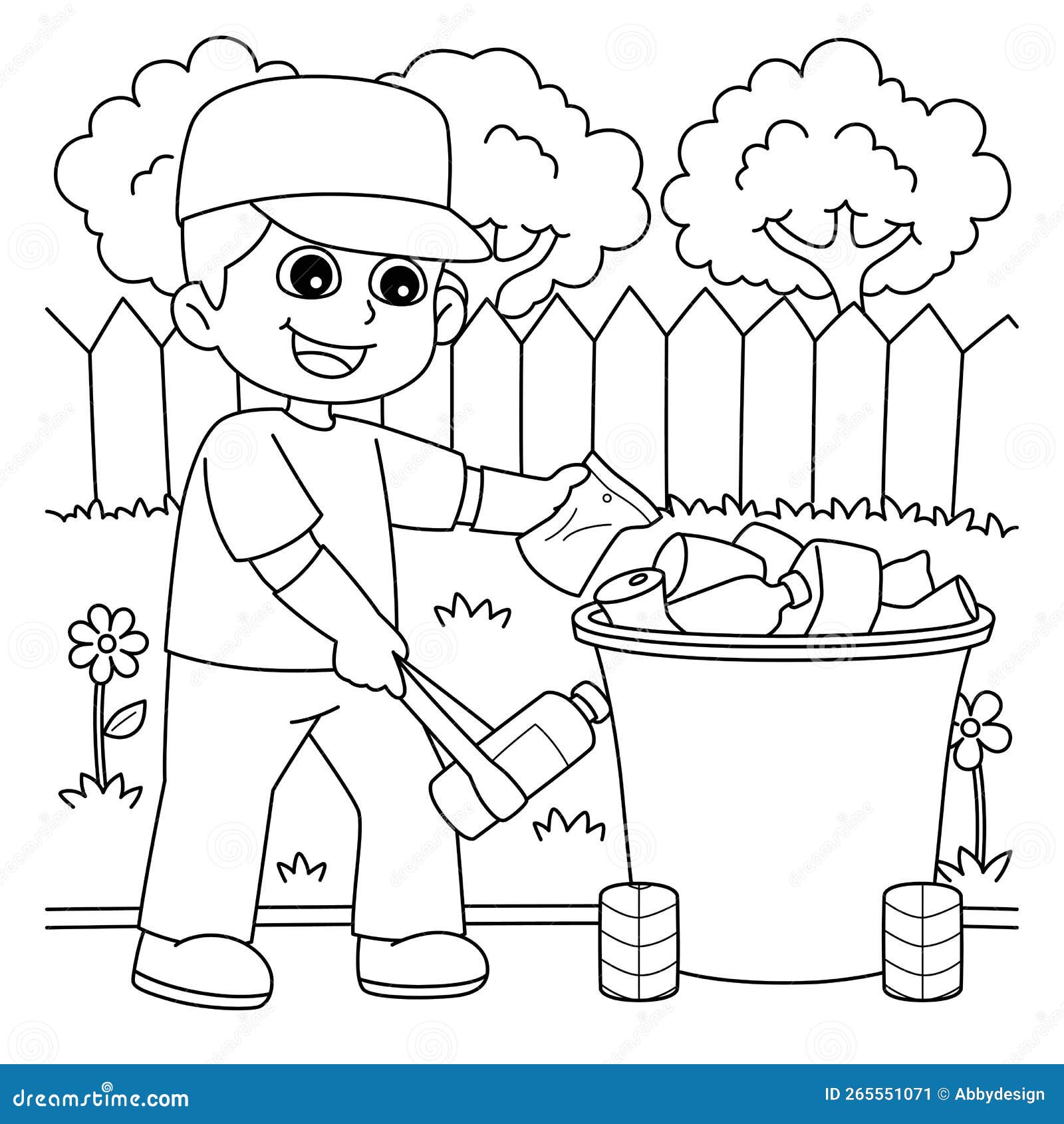 Boy picking up litter coloring page for kids stock vector