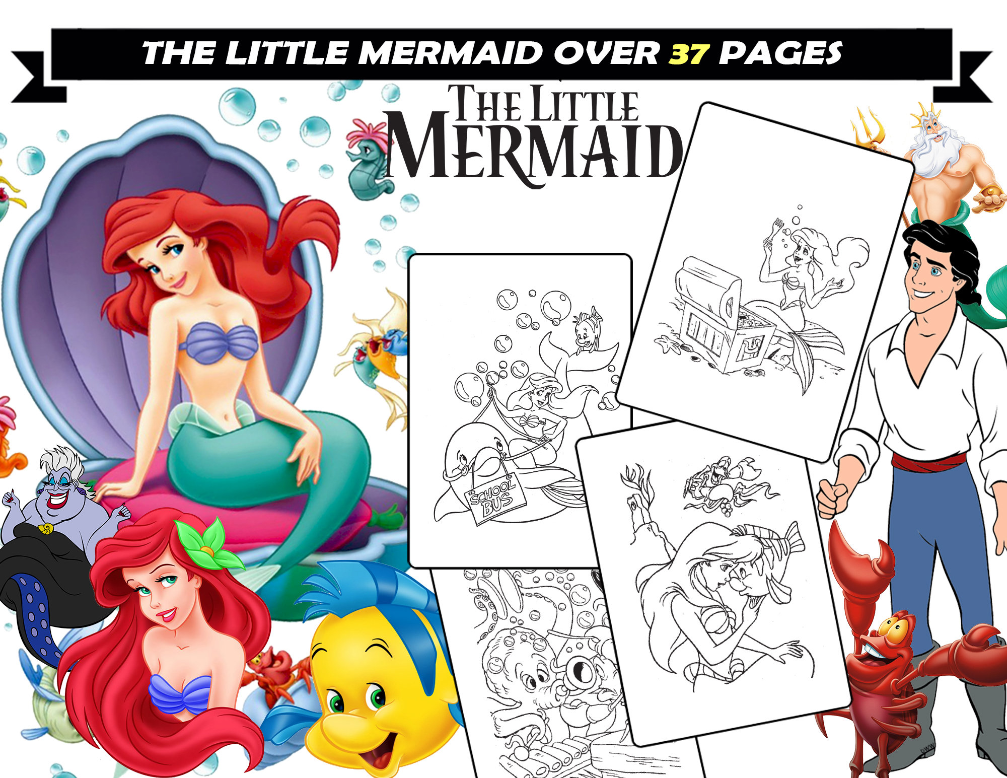 Little mermaid coloring book for kids ariel sebastian flounder ursula coloring sheets for girls printable coloring pages for children instant download