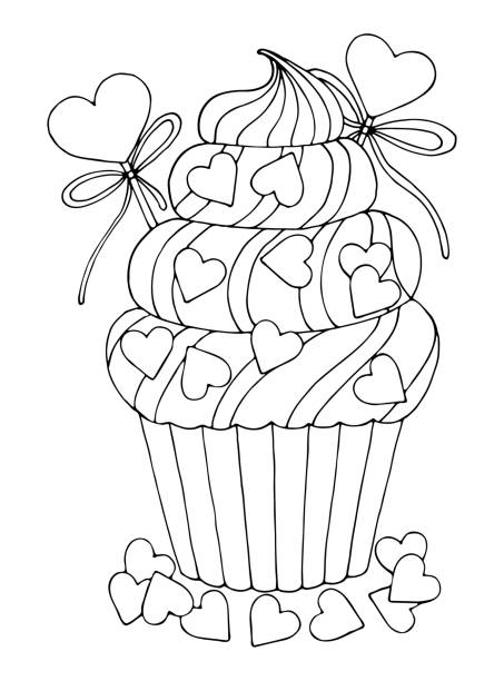 Coloring page love cute sweet cupcake with cream candy hearts valentine design hand drawn vector line art illustration coloring book for children and adults romantic black and white sketch stock illustration