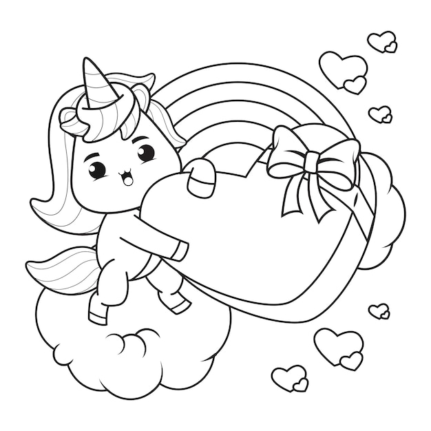 Premium vector coloring book cute unicorn for valentines day illustration