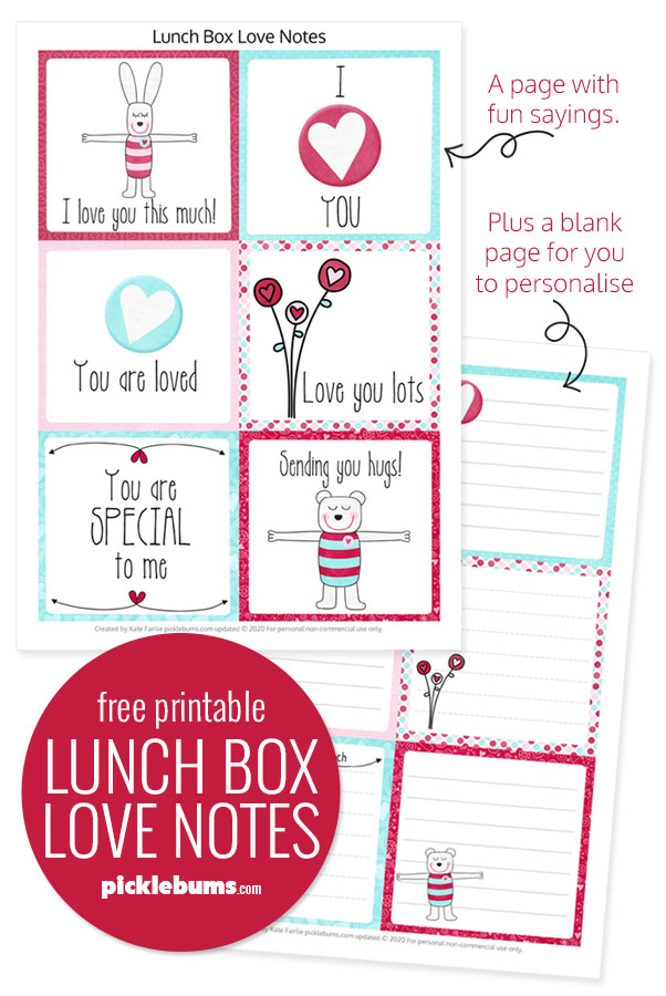 Free printable valentines day lunch box notes
