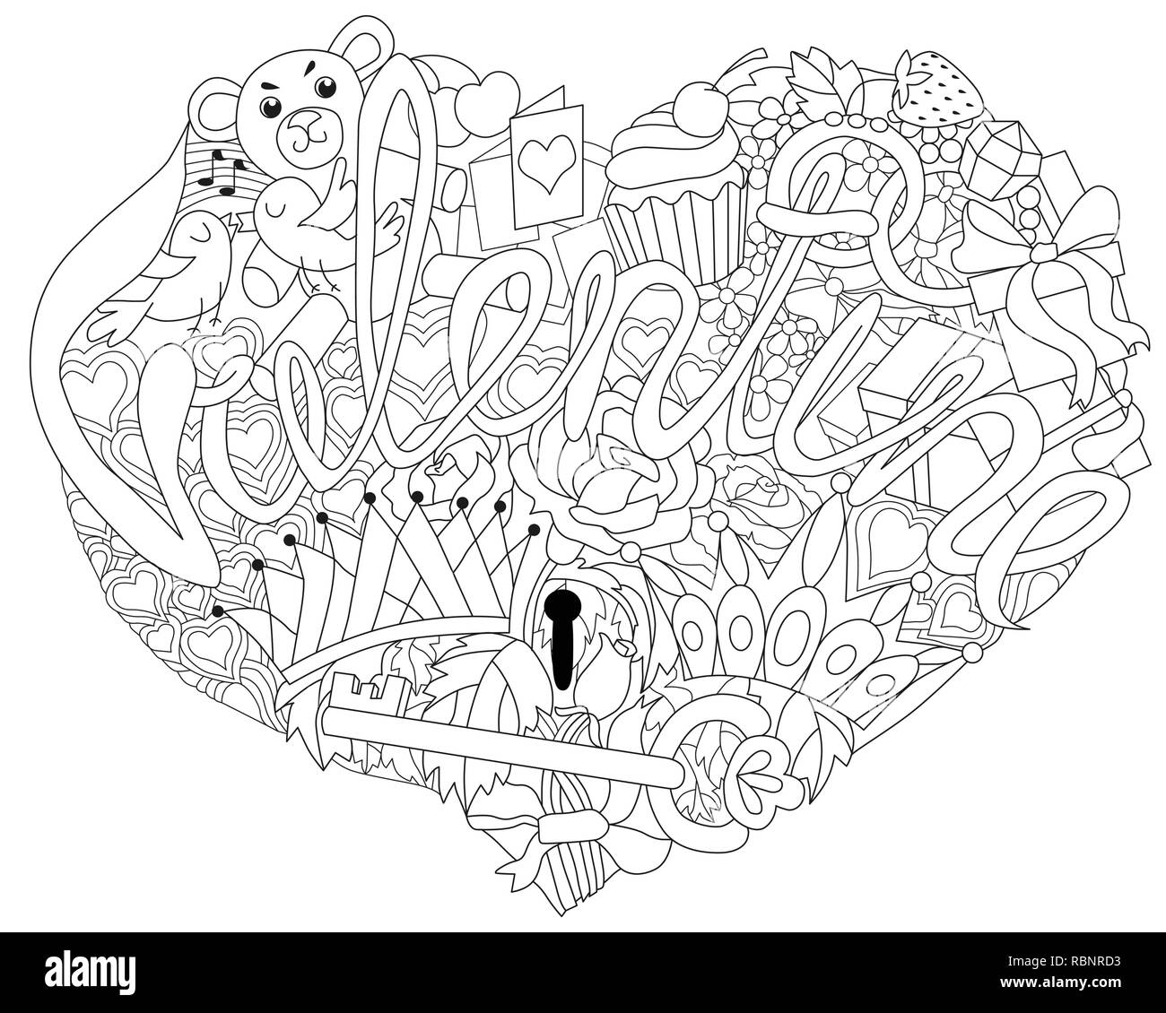 Vector adult coloring book textures with word valentine hand