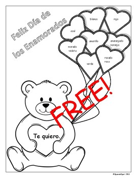 Free valentines day coloring page with spanish color words by spanishspot