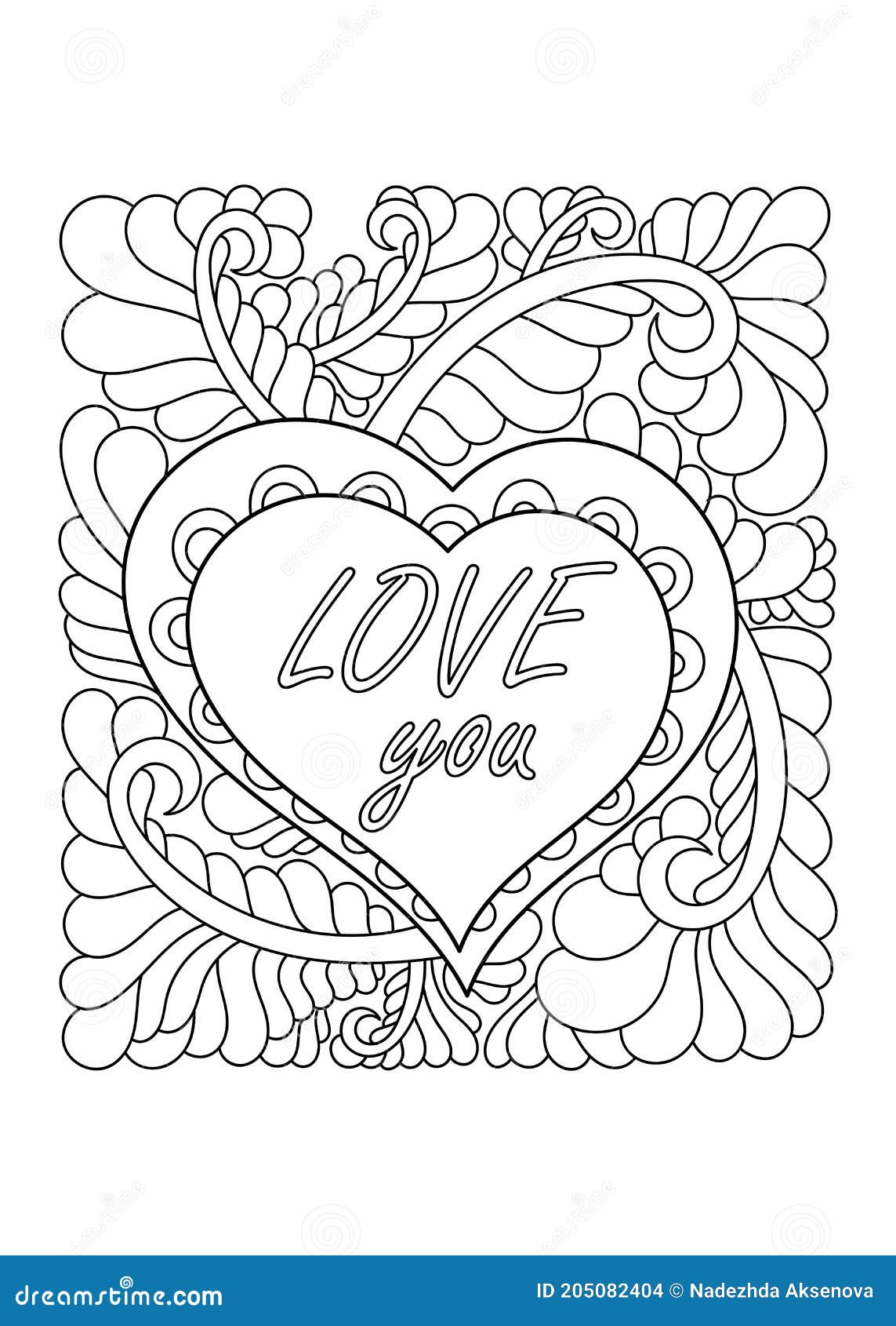 Coloring page heart st valentines day word love coloring book for children and adult decorative love frame with heart stock illustration