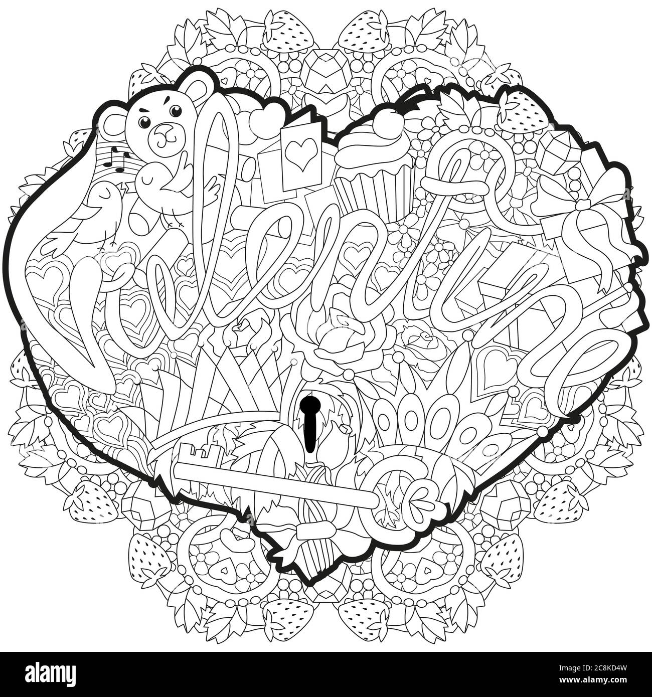 Sketchy doodle heart illustration with word valentine with mandala stock vector image art