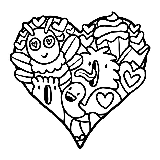 Premium vector heart doodle cute valentine coloring page
