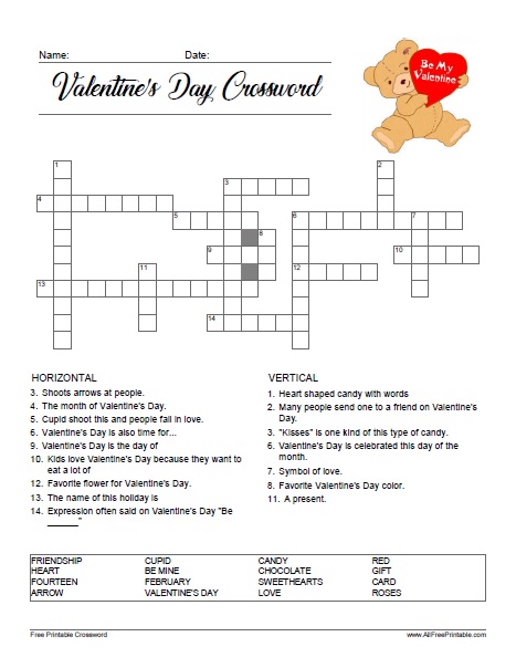 Valentines day crossword â free printable