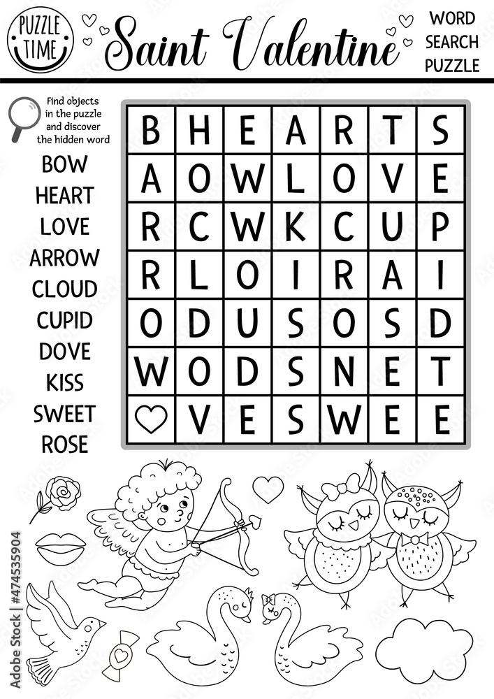 Vector saint valentine black and white wordsearch puzzle for kids love holiday crossword or coloring page activity with cupid dove heart swans fun february cross word for children vector